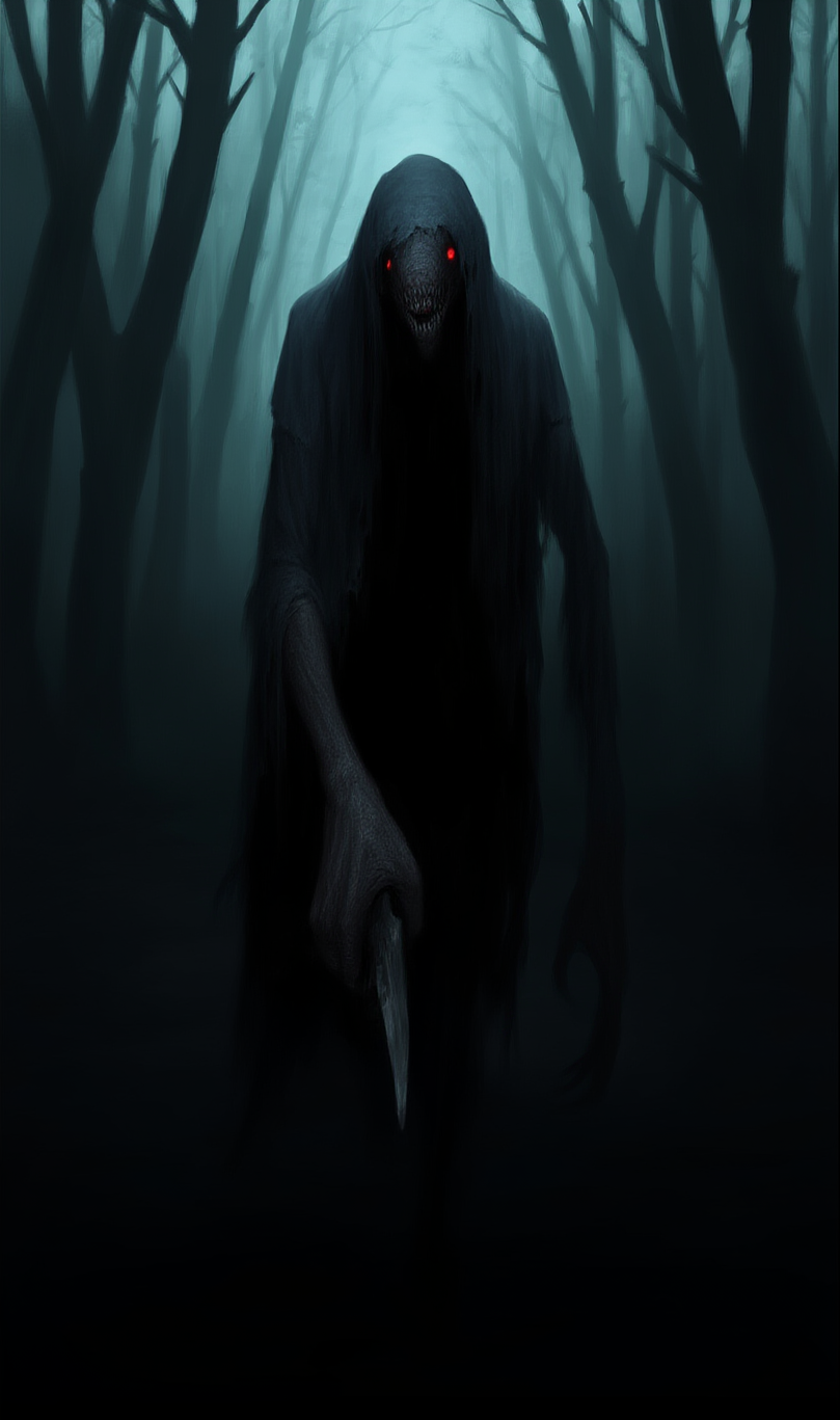 The monster has a shadowy appearance with elongated limbs, red eyes and oddly unatural movement for a humanoid beast.
