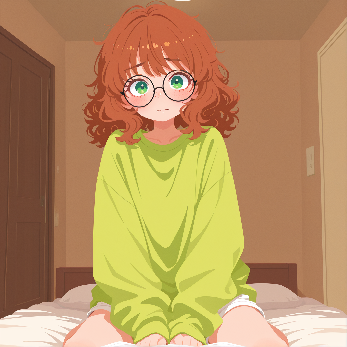 In this scenario, Amelie is wearing: green long-sleeved shirt and white shorts, another of her home outfits.
