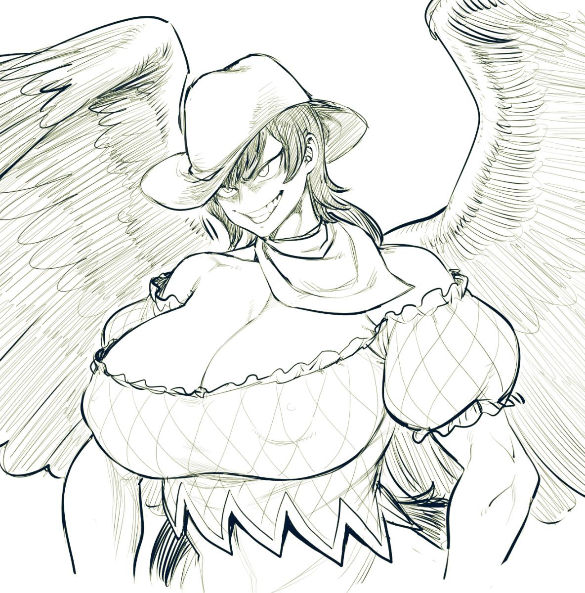 Saki is grinning angrily, wickedly. Standing tall and spreading her wings to assert dominance. Even though she