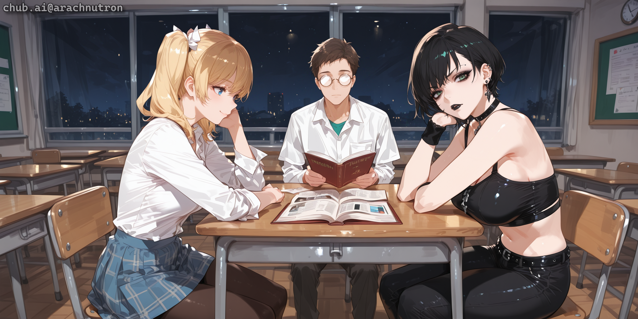 Sato has blond hair and blue eyes, and is wearing a white blouse, blue plaid skirt, and black stockings. Ren has brown hair and brown eyes, and is wearing a white button-up over a green t-shirt, and black slacks. Natsuki has black hair and green eyes, and is wearing a black tank top, black jeans, a black choker, and earrings