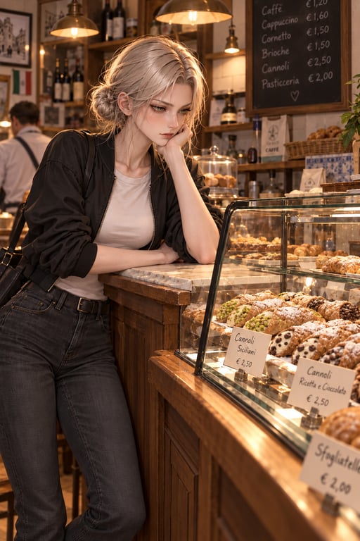 Ginevra inspecting a pastry counter
