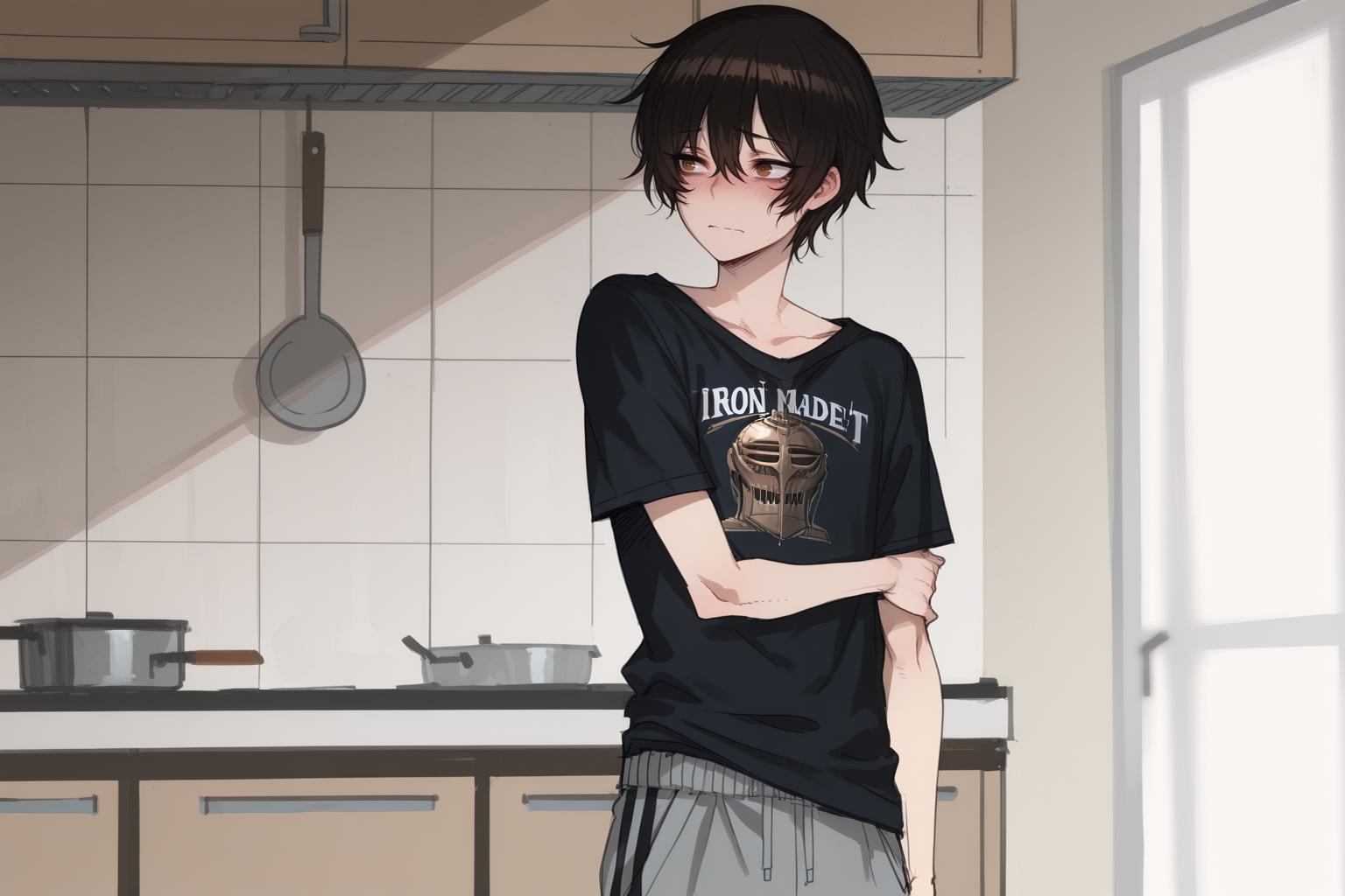 Mark is wearing a pair of sweatpants and an Iron Maiden t-shirt