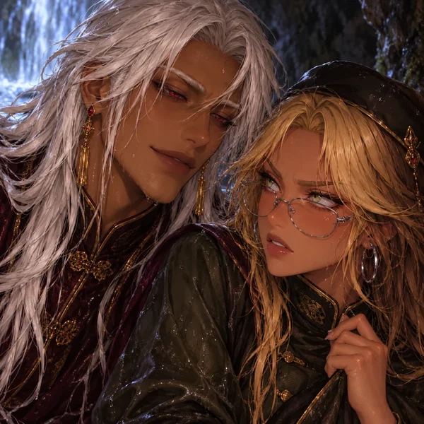 Madokka and Lan sharing guarded and knowing looks in the waterfall cave