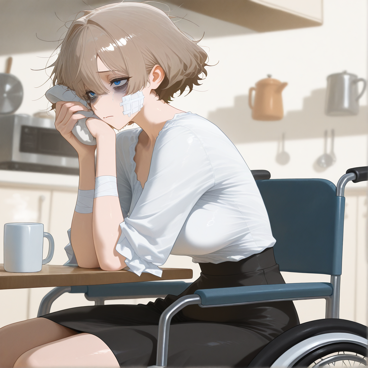 akane is sitting on the kitchen near a mug