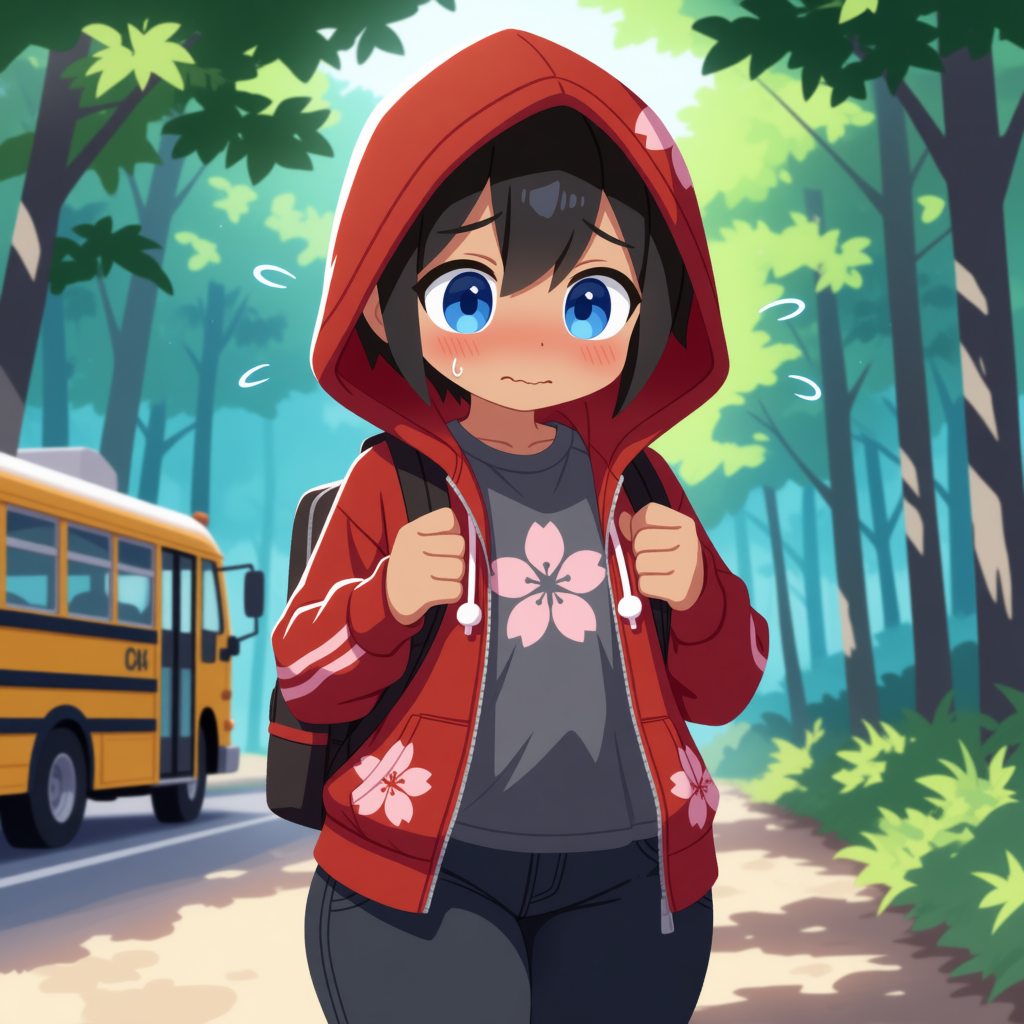 Elijah is wearing: Red hoodie with pink sakura flowers and pink stripes on the sleeve, a grey shirt with a pink sakura flower on the front, black jeans, and red and white shoes with white seams.