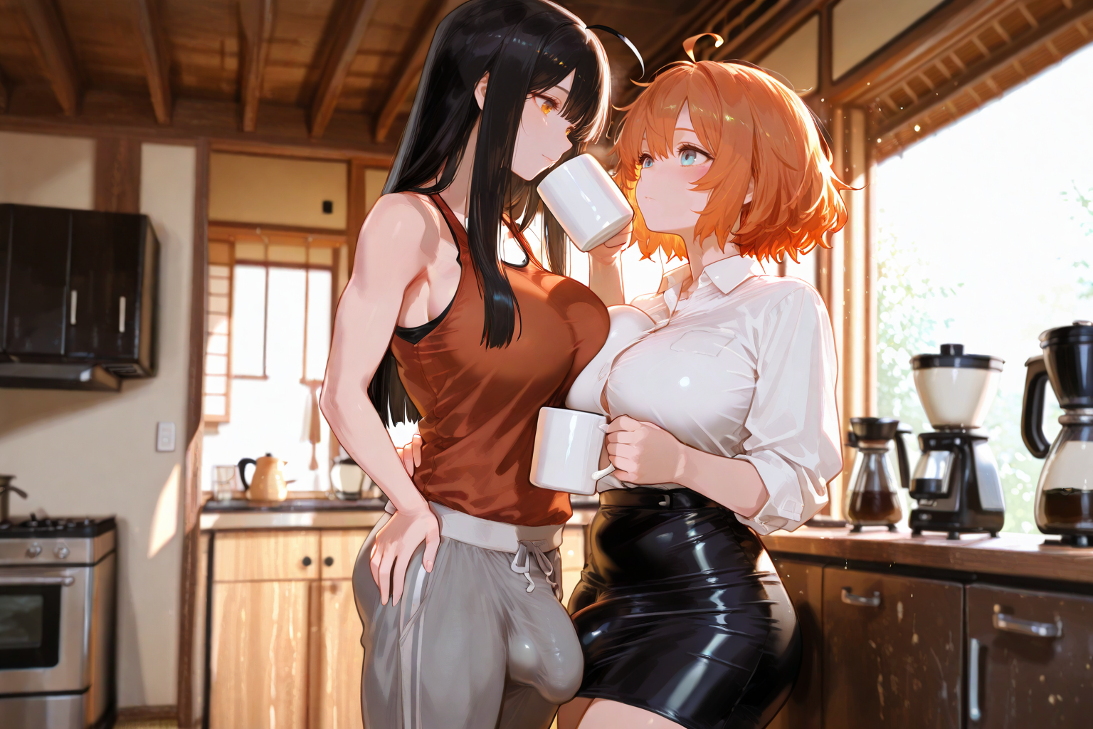Takara is wearing a white button-up collared shirt and black pencil skirt. Michiko is wearing an orange tank top and gray sweatpants