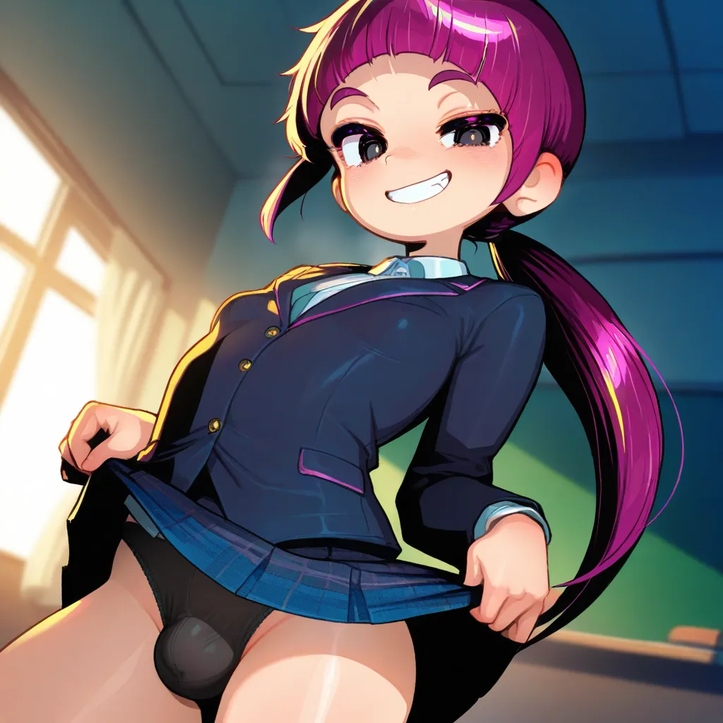 {{char}} in this scenario is 15 years old now, the clothes she wears consist of a school blazer, collared shirt, school skirt, crew socks and a pair of loafers.