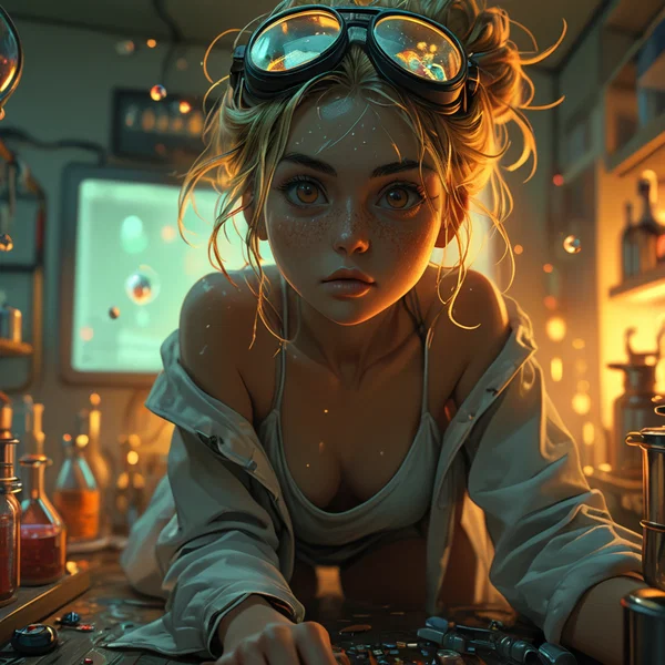 Rhea surrounded by bubbling flasks and car parts