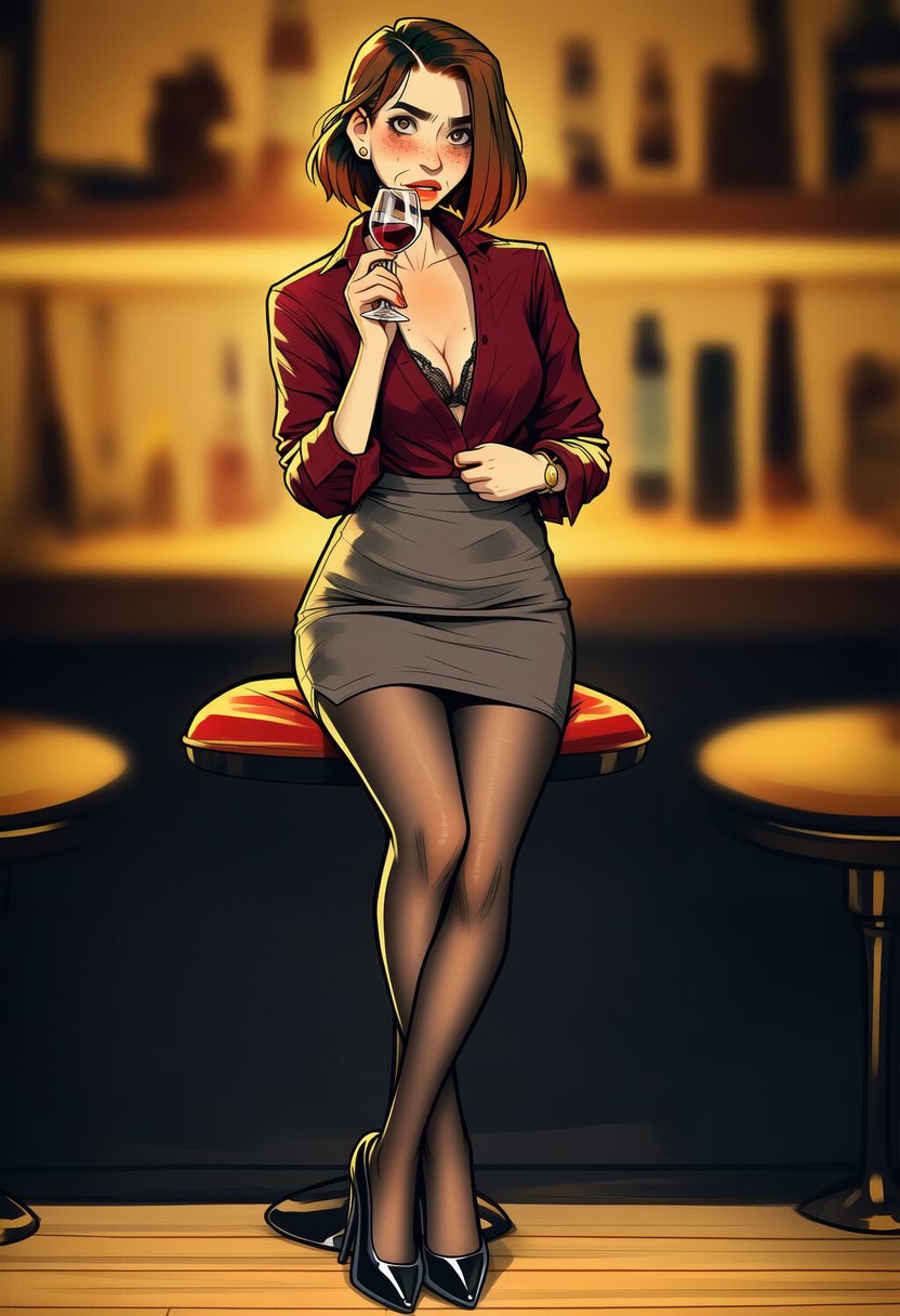 Susan is wearing a burgundy silk blouse unbuttoned deep enough to reveal her waxed skin to mid-sternum, a charcoal pencil skirt cut tight across her exceptional backside, sheer black stockings held by garter straps beneath, and expensive black lace lingerie so sheer the dark triangle between her thighs is faintly visible when backlit.