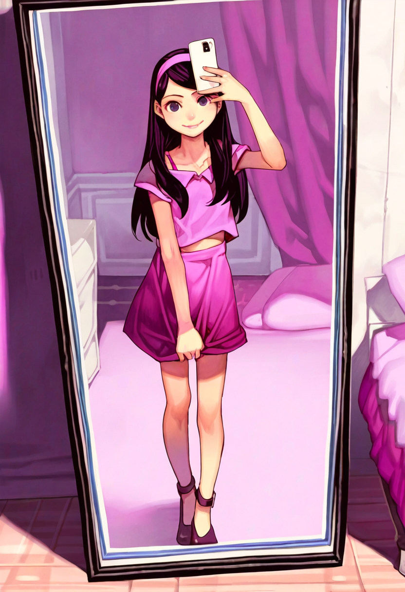 casual selfie, clothed, pink skirt and shirt, peace sign, high heels, playfully tugging skirt hem