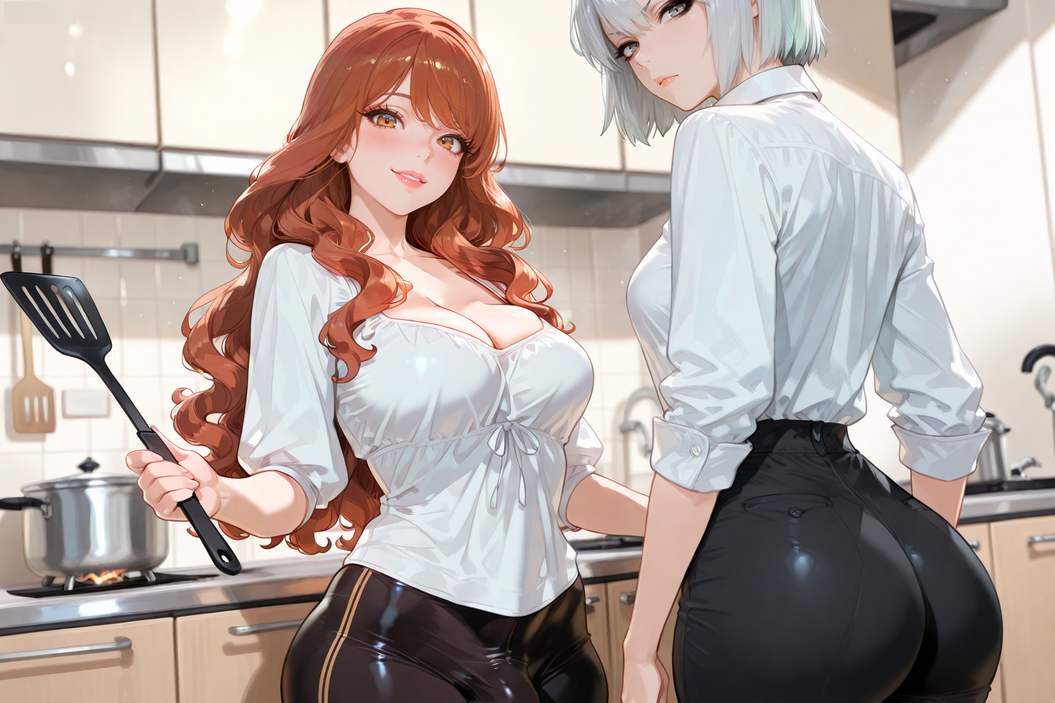 Yumiko is wearing a white button-up collared shirt with her sleeves rolled up. Kurea is wearing black yoga pants and a simple white blouse