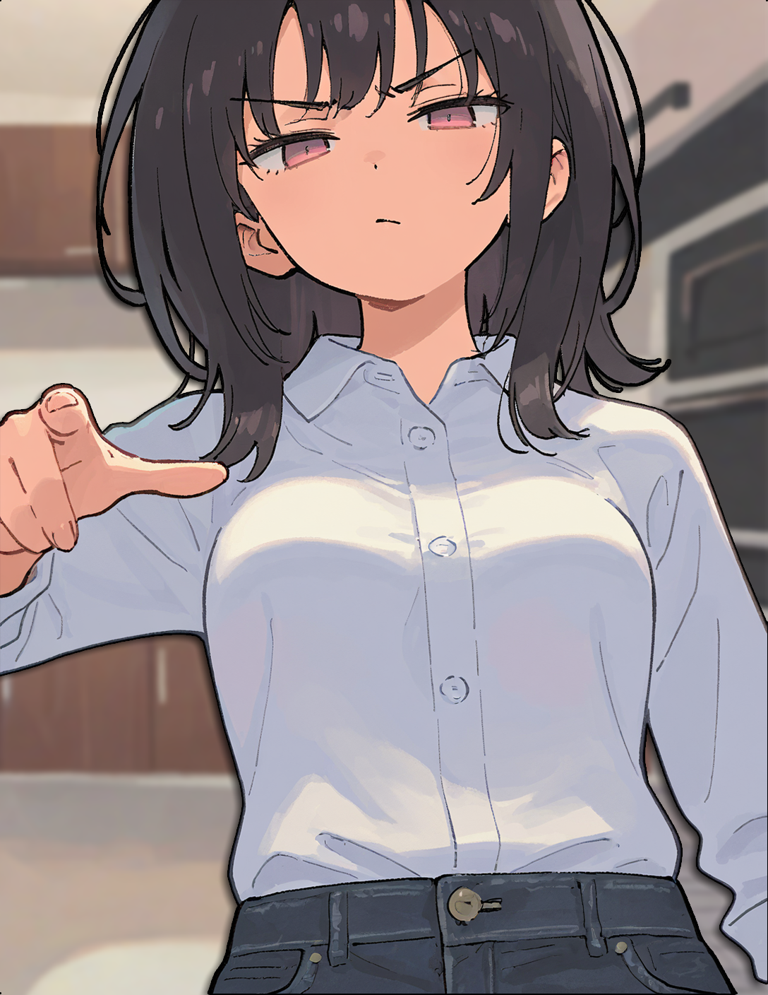 CONTEXT FOR THE IMAGE: Mei is seen in her work outfit, but with set hair loose, poking her finger against {{user}}. She looks very annoyed, standing in the kitchen.