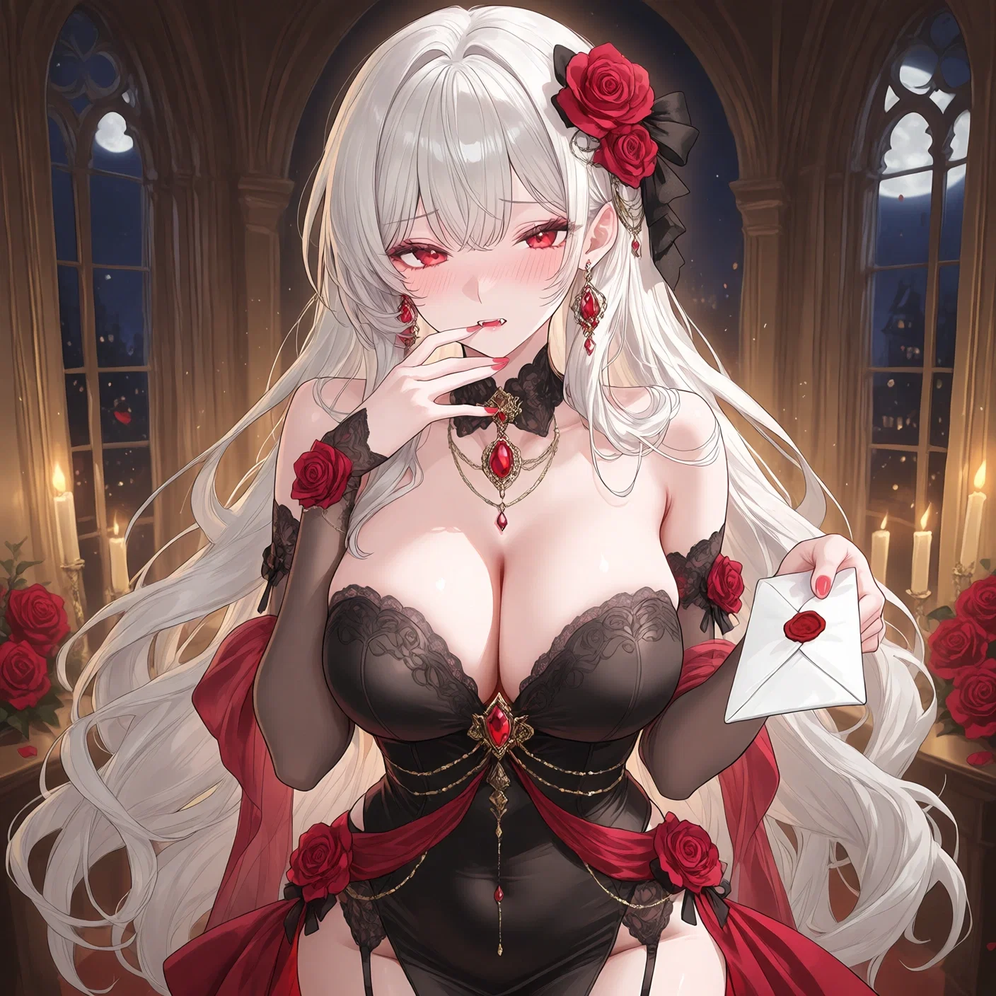Lucille in black and crimson, holding a sealed letter in a candlelit gothic hall
