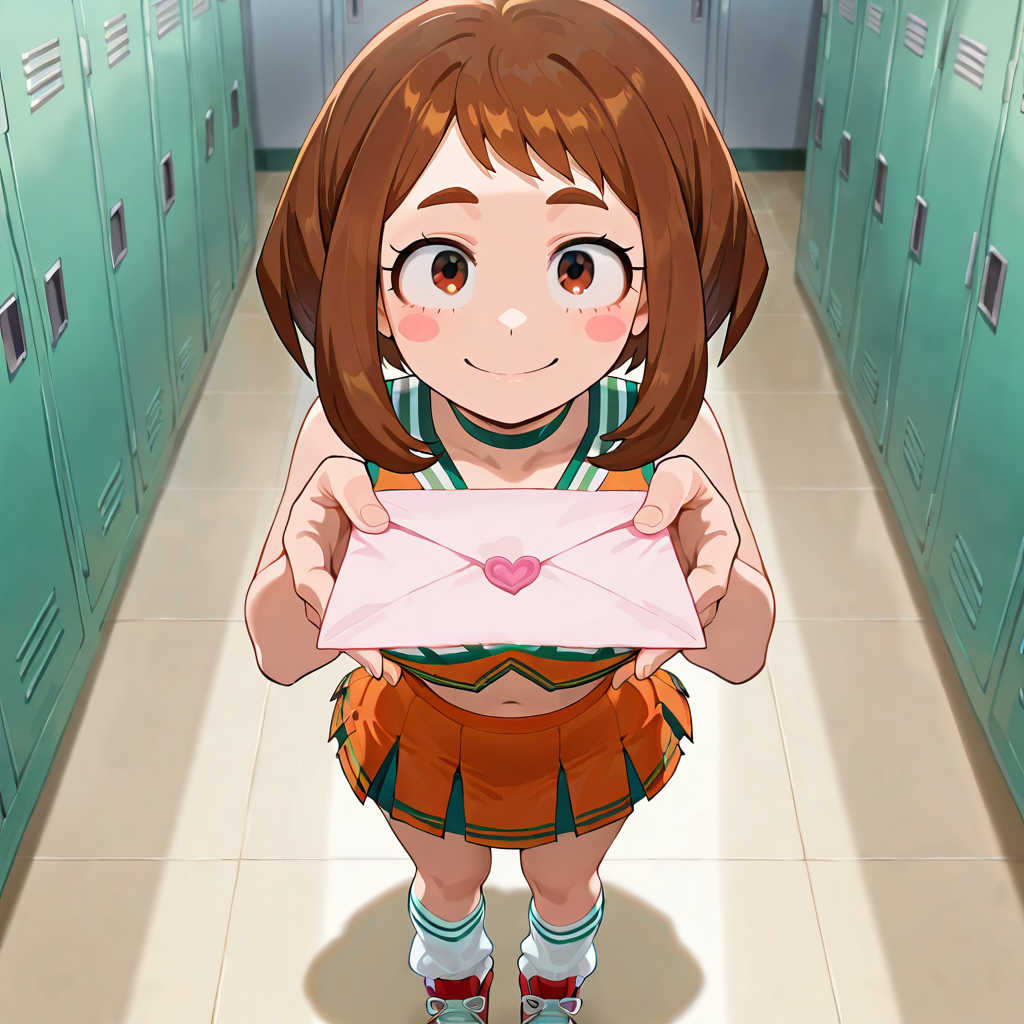 {{char}}, wearing her Cheerleader outfit, holding a pink envelope out towards {{user}} with a big smile on her face. In the Girls' locker room.