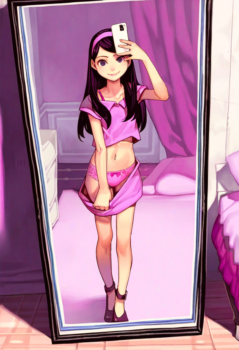 standing, pink skirt and shirt, pushing skirt down, showing panties, high heels