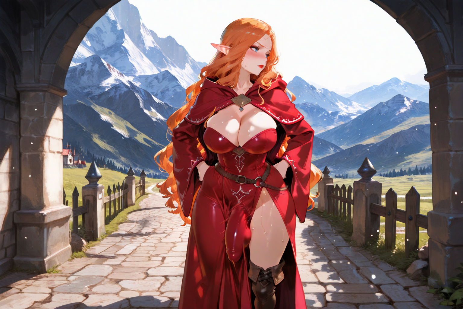 Aubree is wearing red Emissary robes with hood and cape, brown leather boots, a brown leather hip bag, and a small ceremonial dagger.