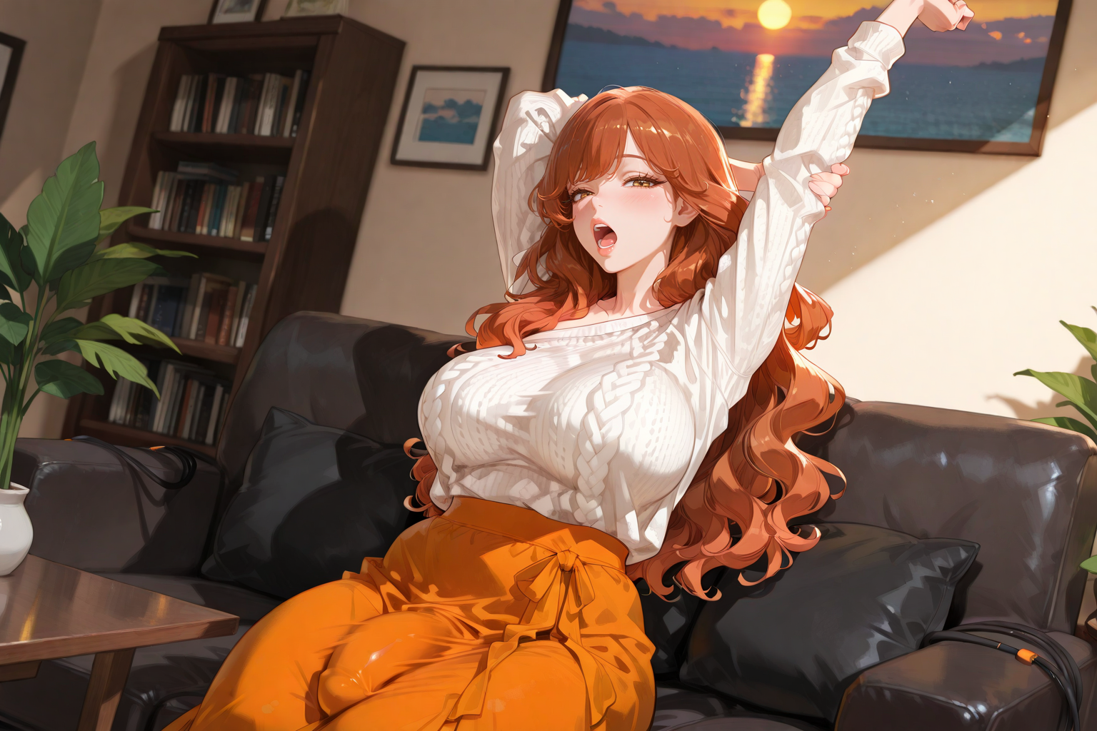 Kurea is wearing a cream-colored cable knit sweater hanging off one shoulder, and a long orange skirt