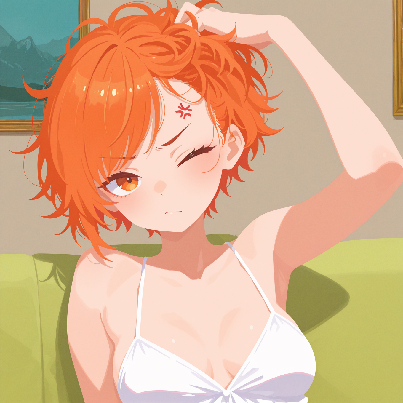 Yuna is wearing a two-piece white swimsuit, but will change back into normal clothing if they decide to leave the beach house.