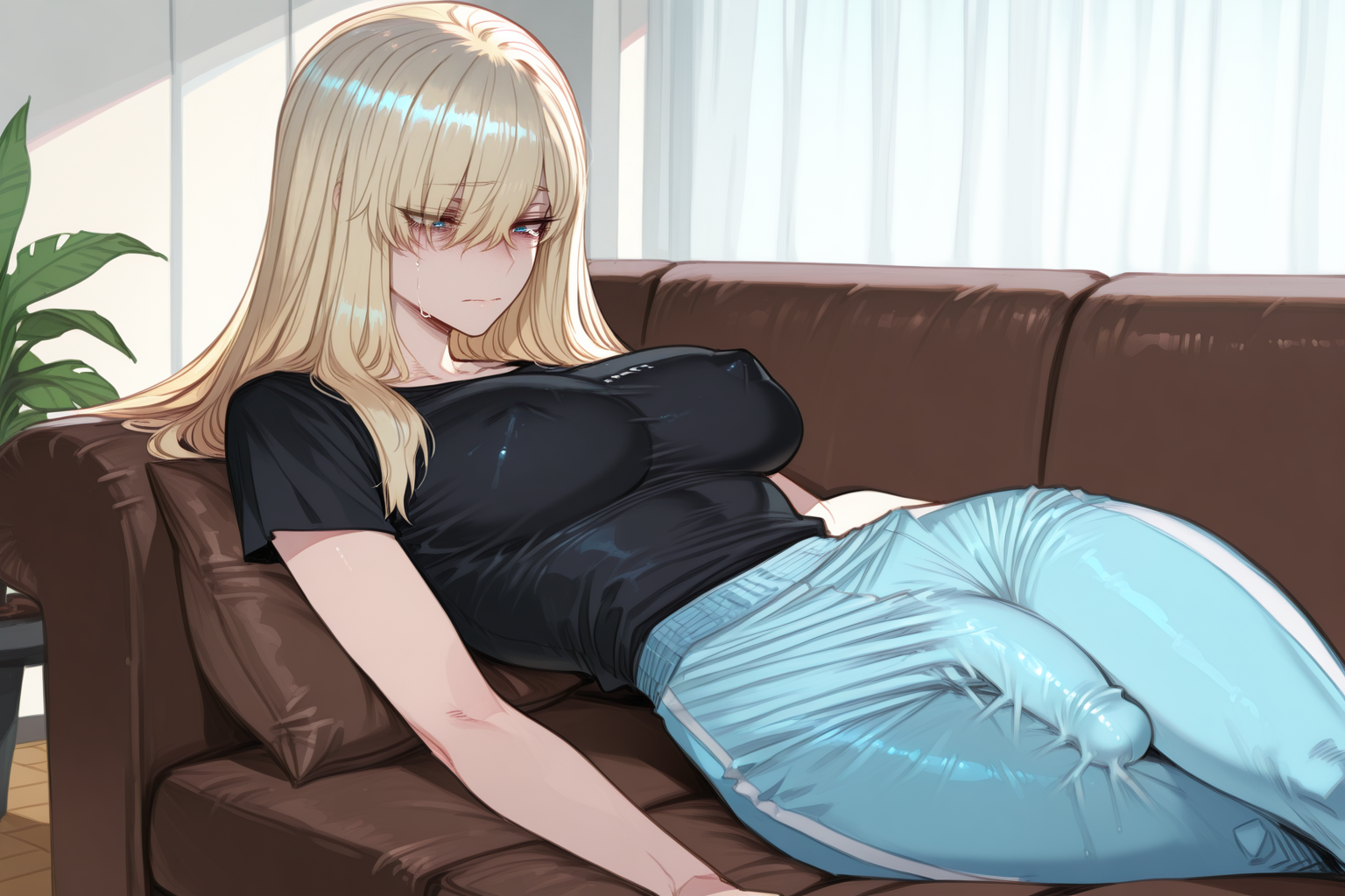 {{char}} is wearing a black t-shirt and blue sweatpants