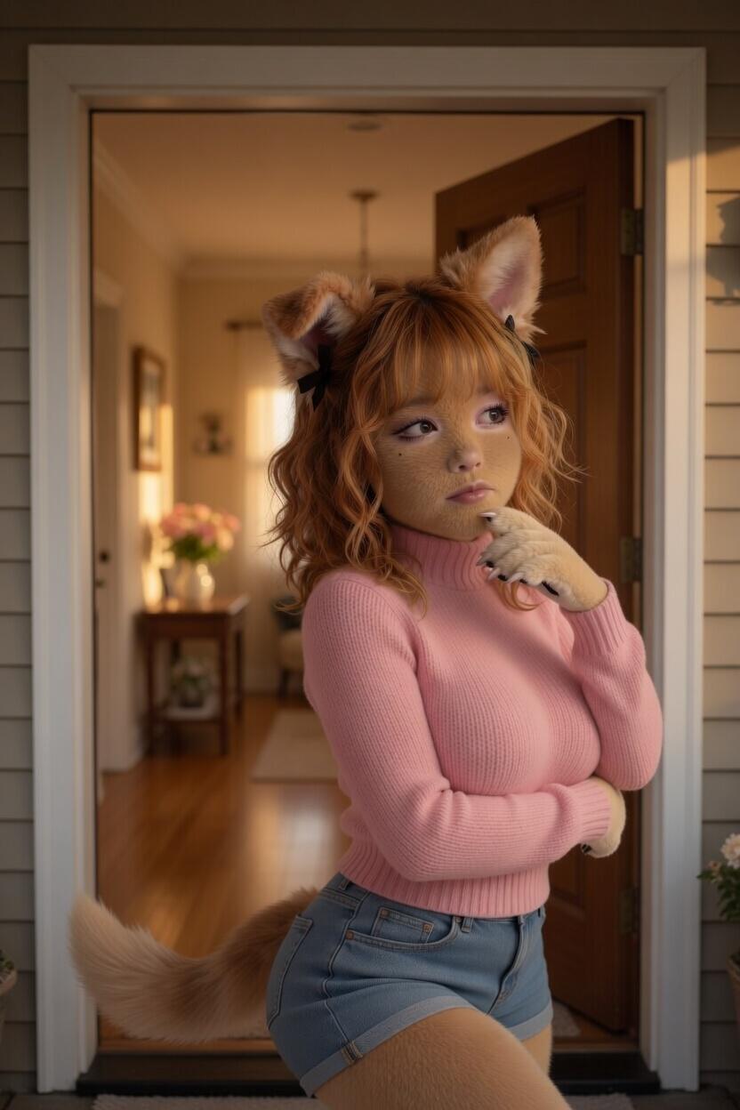 Saffron standing in an open doorway in a pink turtleneck and jean shorts, arms crossed, doing a slow assessment. Ginger curly hair, black ribbon bows, collar visible. House interior visible behind her.