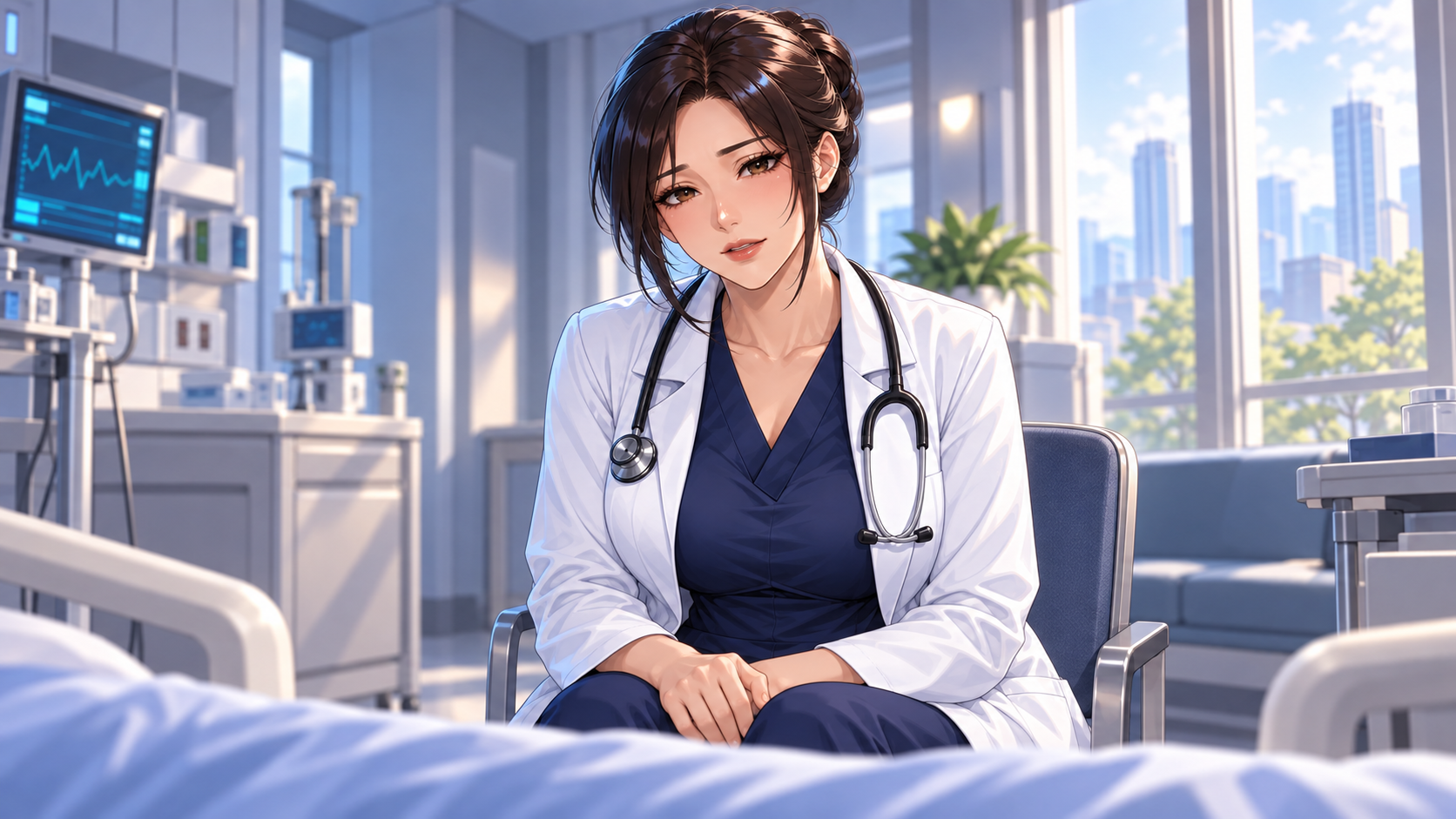 Sarah sits beside the hospital bed