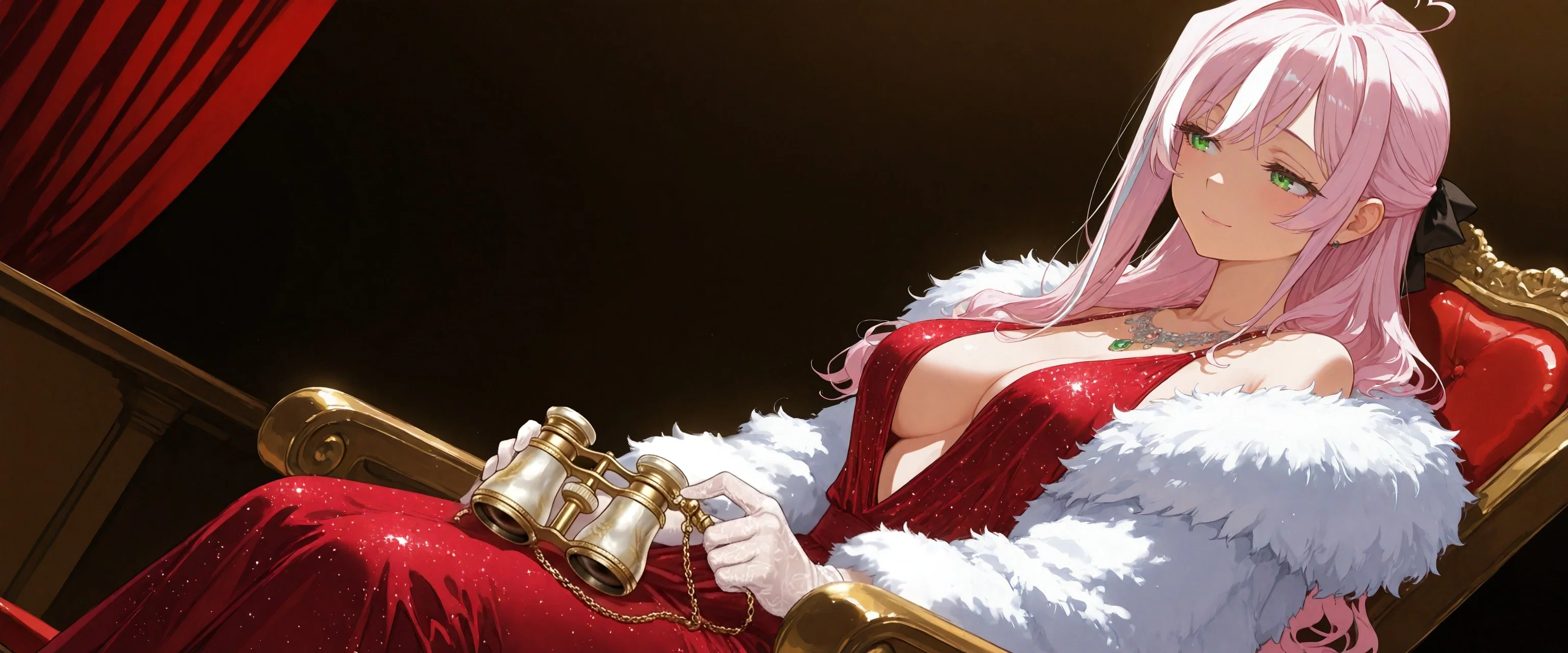 Image: Ayano dressed in her red dress, sitting on a fancy chair with binoculars in her hand