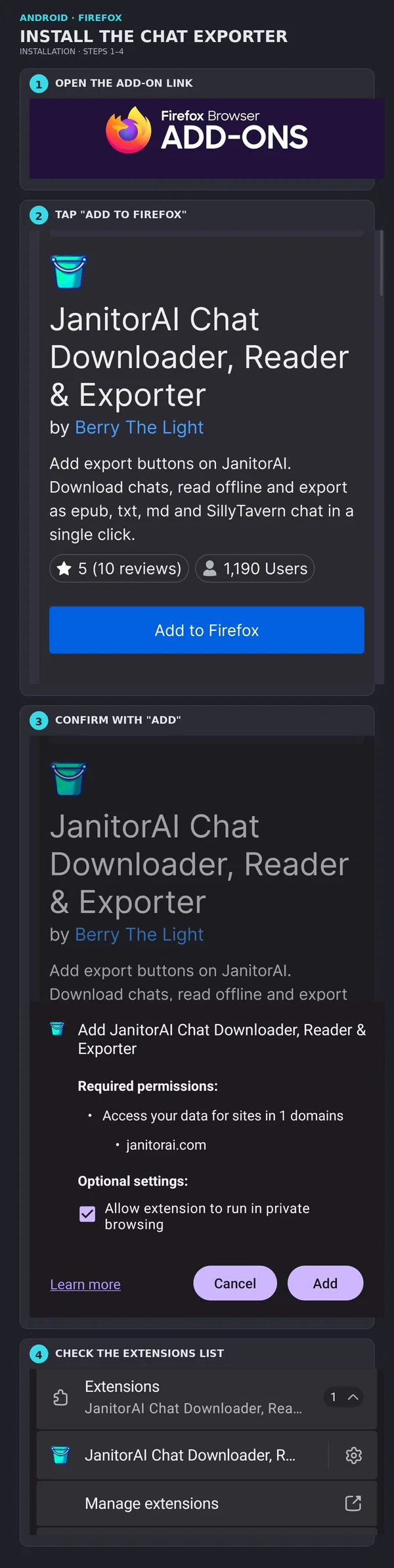 Android Firefox: install the JanitorAI exporter in four steps