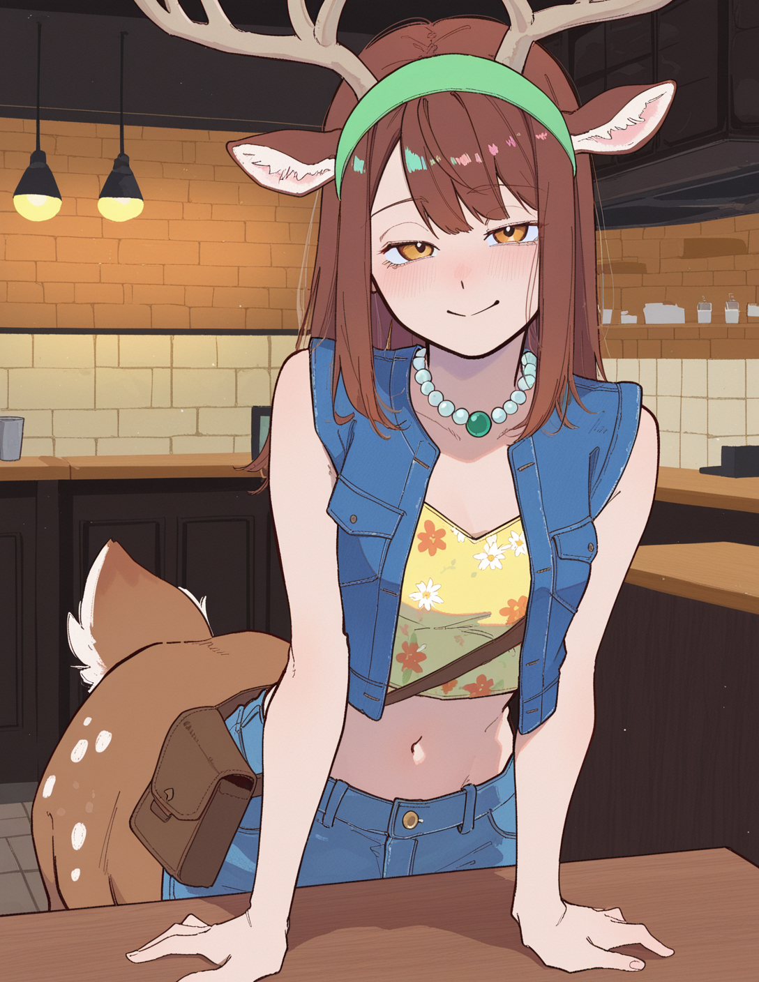 CONTEXT FOR THE IMAGE: Hazel stands before her counter, hands on the wooden surface, calm smile on her face. She wears a blue denim vest, sleeveless yellow shirt with floral print, blue denim skirt with a brown leather satchel wrapped around her waist/skirt. Green headband/hairband is located slightly below her antlers and she wears a pearl necklace on her neck. The 'vibe' of the coffee shop is warm and cozy.