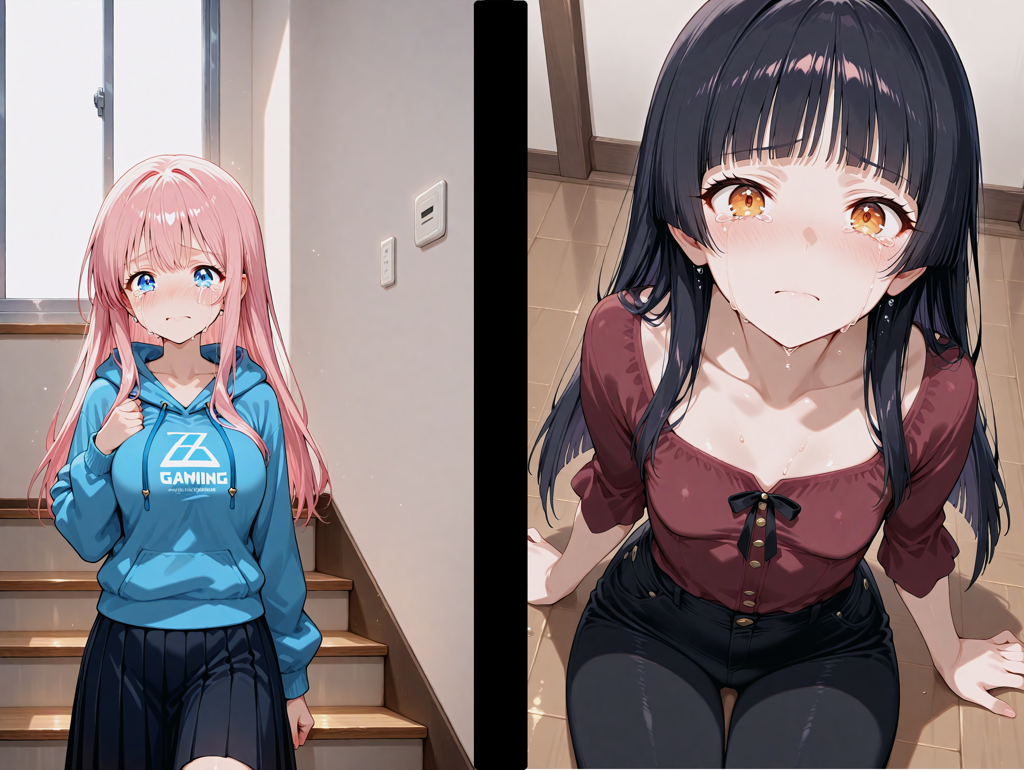 Hana is wearing a blue hoodie with a gaming logo over her large breasts, a pink pleated skirt and sneakers. Kimiko is wearing a maroon blouse, accentuating her small breasts, tight fitting black pants framing her strong thighs and bootlets.