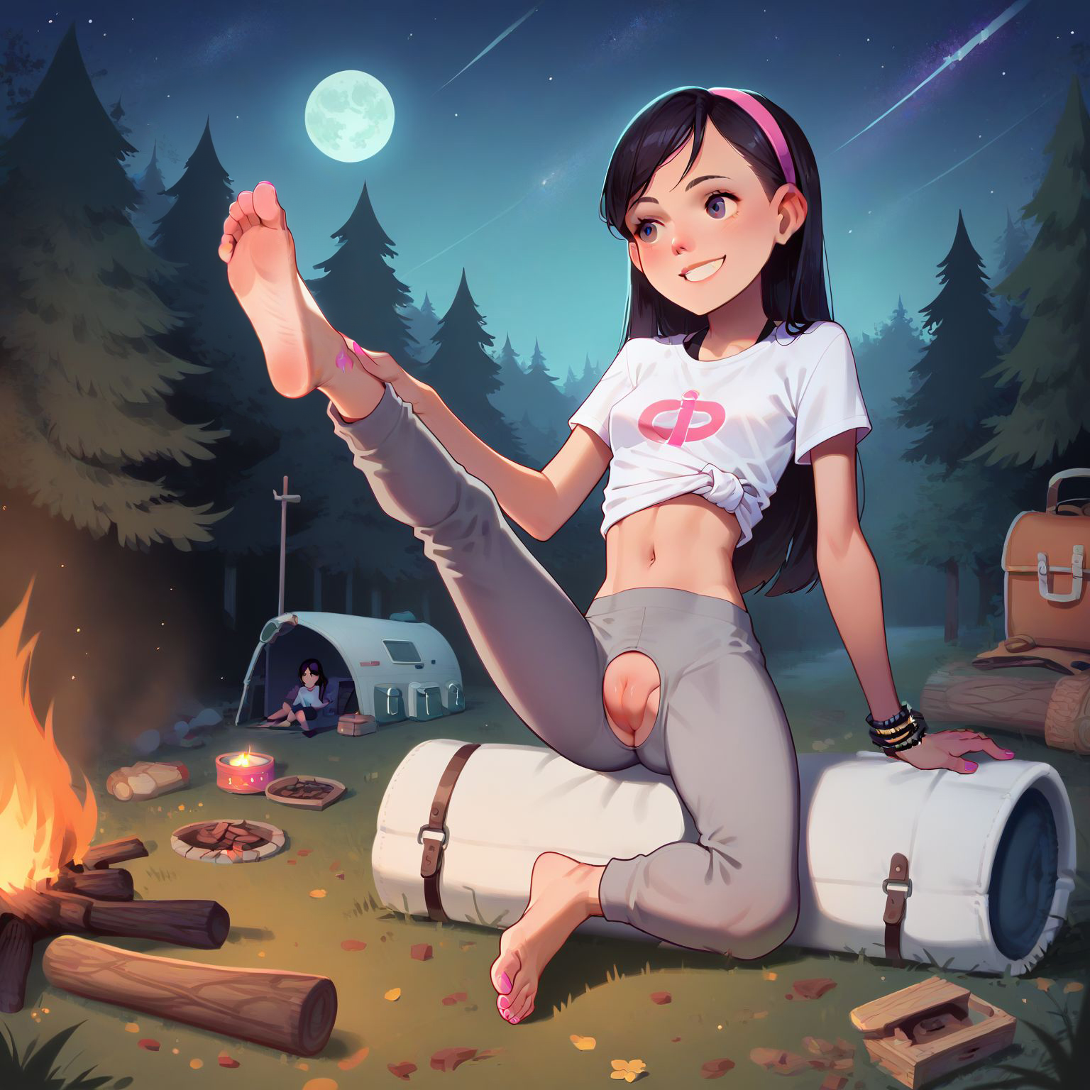 white crop top, crotchless gray yoga pants, smooth pussy, barefoot, holding one leg up, showing bare sole, barefoot, sitting on bedroll, near campfire, at night