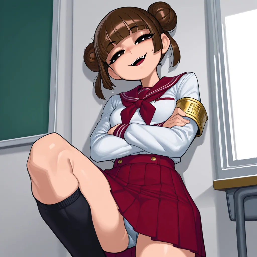 {{char}} is currently wearing her school uniform, consisting of a white serafuku, gold armband, red pleated skirt, kneehighs and a pair of loafers.