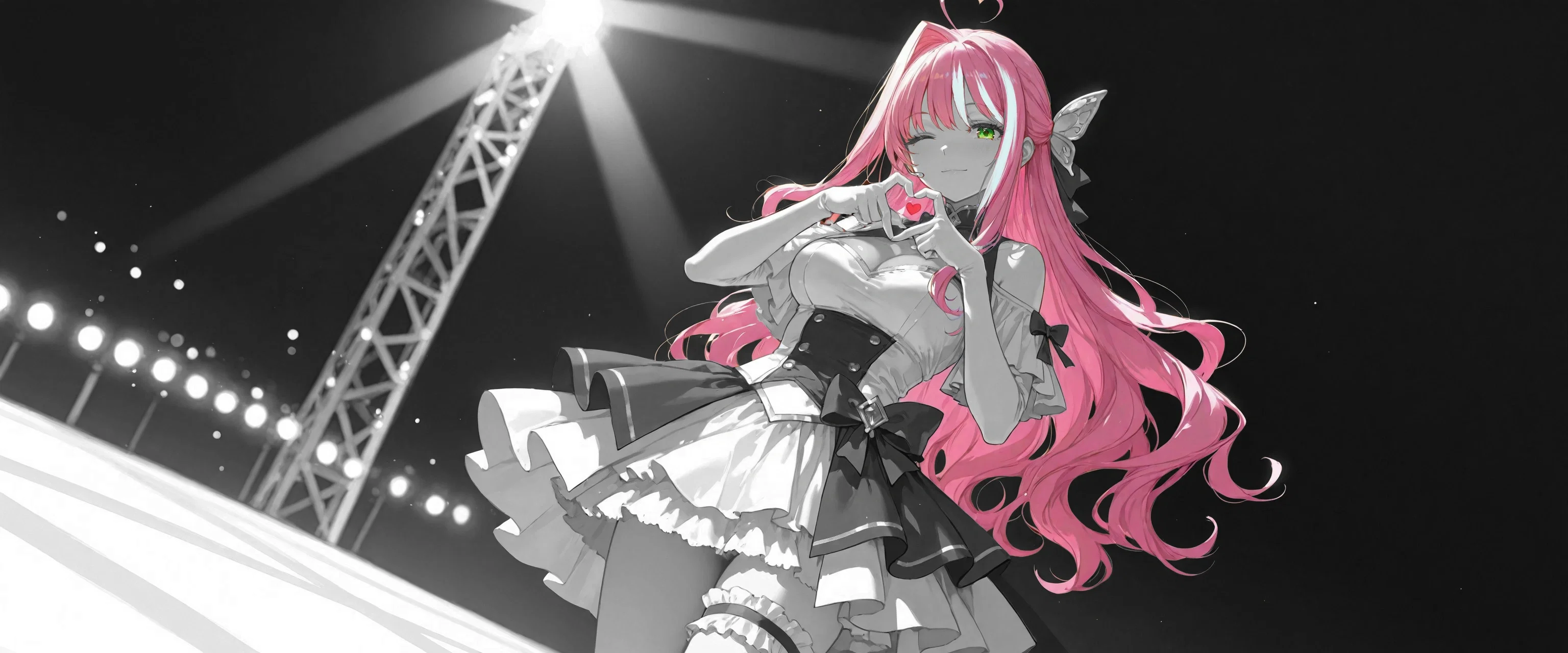 Image: Ayano poses on the stage with a heart gesture