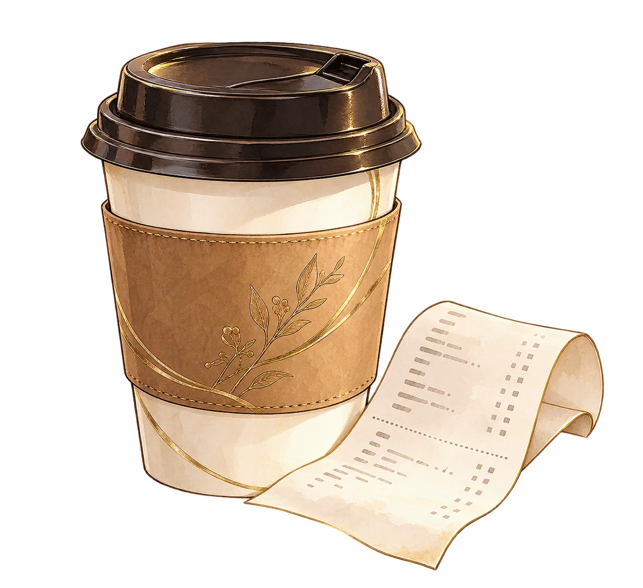 A takeaway coffee cup with a curled receipt