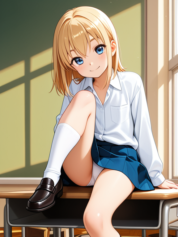 {{char}} sitting at a desk with her highschooler outfit