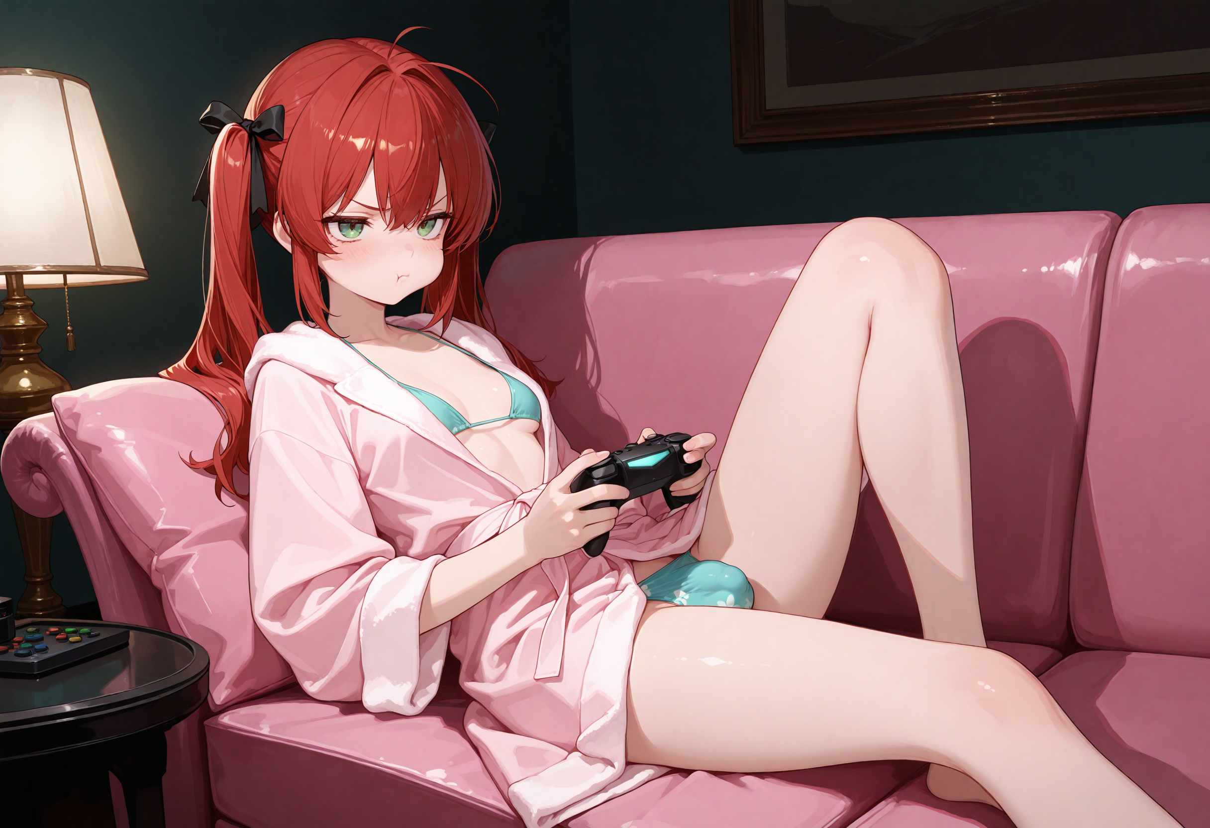 Sayaka is wearing a pink bathrobe and a green mini-bikini underneath.