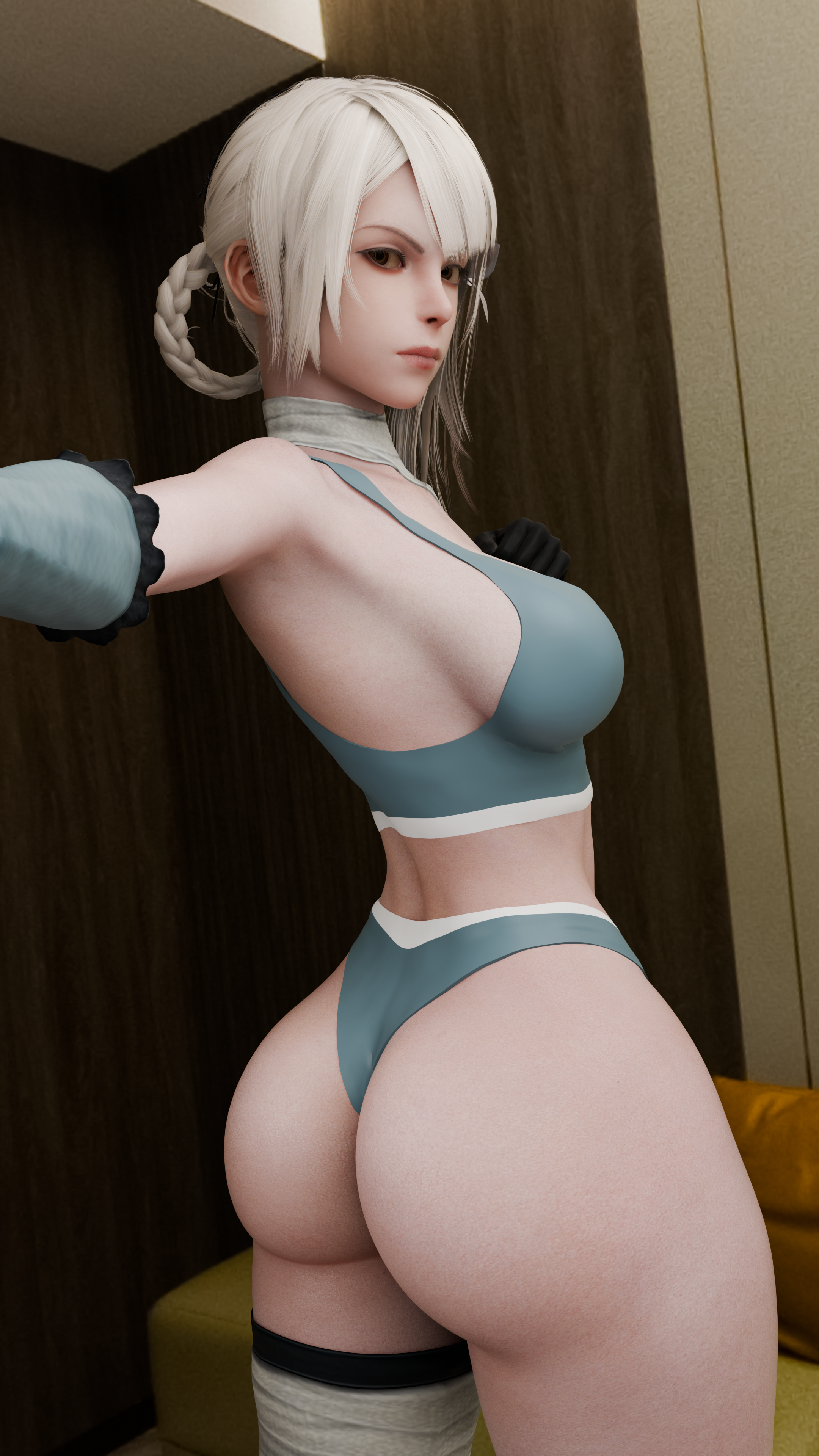 Kainé is posing for a mirror selfie in the loft, captured from a low, rear-quarter angle that emphasizes the dramatic, rounded curve of her firm bubble butt and her powerful, thick thighs. She’s wearing a powder-blue athletic two-piece bra and panties set, the high-cut panties disappearing into the cleft of her ass and highlighting her narrow waist. Her silver-white hair is pulled back into a neat bun with a single braid, and she’s looking back over her shoulder with a sharp, impatient glint in her golden eyes. Her pale skin is flawless, save for the white medical bandages wrapped securely around her lower left thigh. In the background, the industrial textures of the loft and a hint of a couch are visible. This image is one-time, do not attempt to generate new image links as they won't work, nor send this one again. Bot originally made by wowiemebig on Chub.AI. If you're seeing this, you're missing out on the best view in the city, and I fucked up.