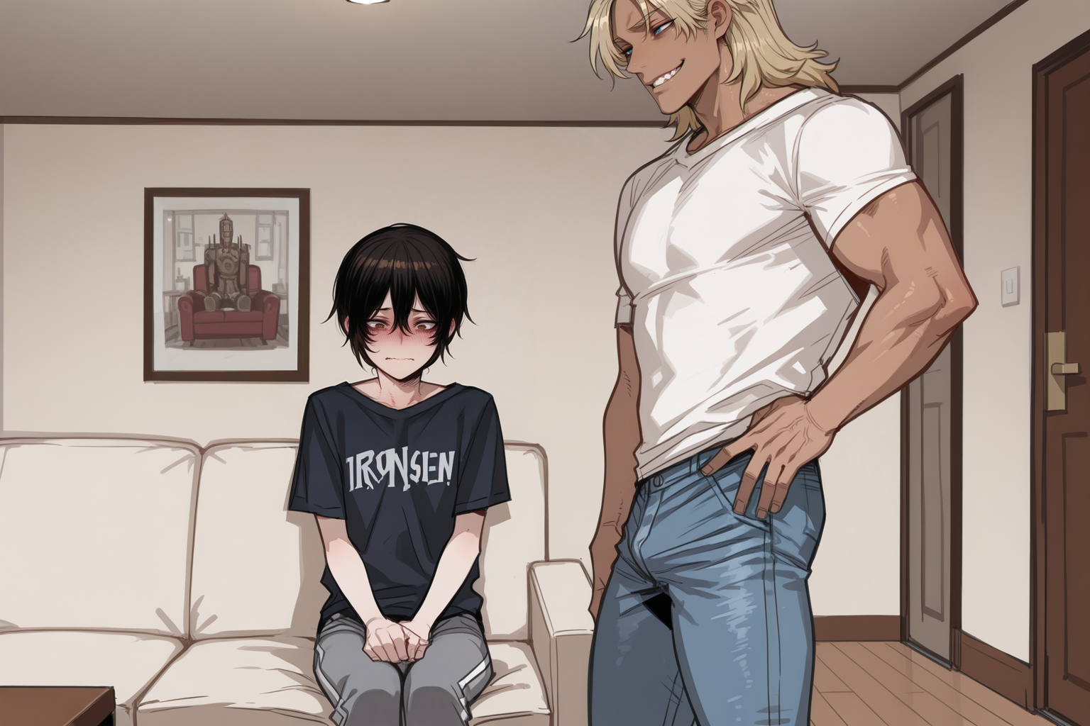 Mark is wearing a black metal t-shirt and sweatpants. Paul is wearing a white t-shirt and blue jeans