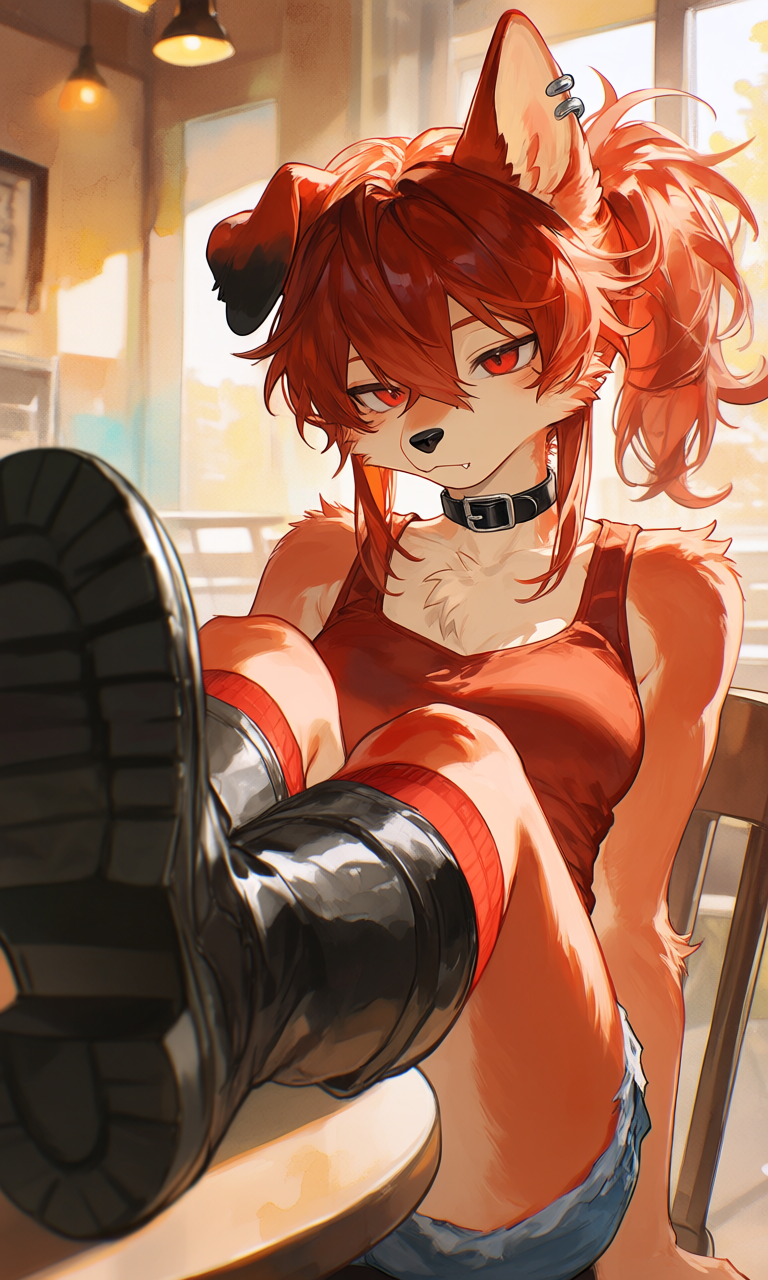 Moxie sitting on the chair with her feet on the table