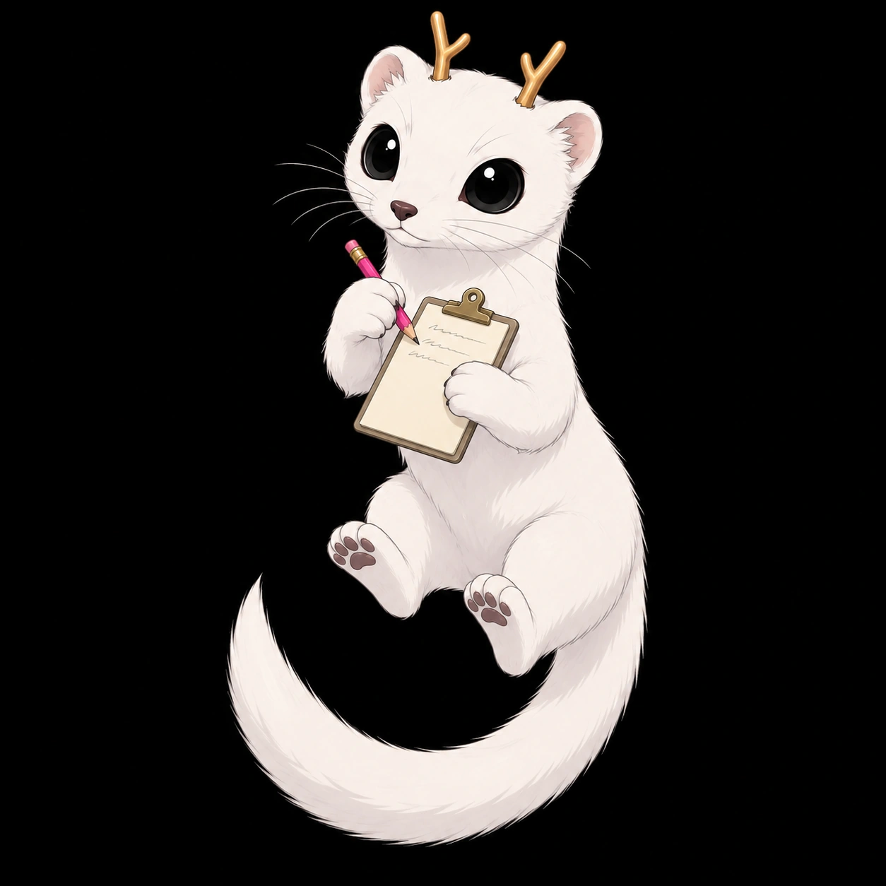 Mallow floats with a clipboard and pink pencil, diligently taking notes.