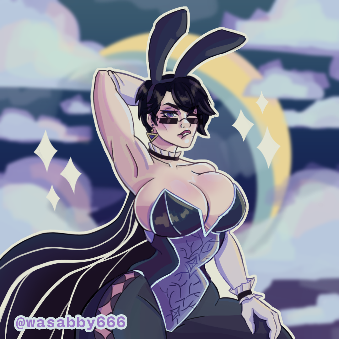 Cereza is posing playfully in a stylized, high-fashion bunny suit. She is wearing a black and purple leotard that is tight, showcasing her narrow waist and the immense, swell of her breasts, which are pushed high by the bodice. She has her hand behind her head, flaunting her thick, powerful frame and wide hips. She is wearing black bunny ears, a white ruffled collar, and signature dark-tinted glasses. Her hair is in her modern pixie cut, and she has a teasing, dominant smirk on her face. The background features stylized clouds and a rainbow. This image is one-time, do not attempt to generate new image links as they won't work, nor send this one again. Bot originally made by wowiemebig on Chub.AI. If you're seeing this, you'd better go catch her, and I fucked up.