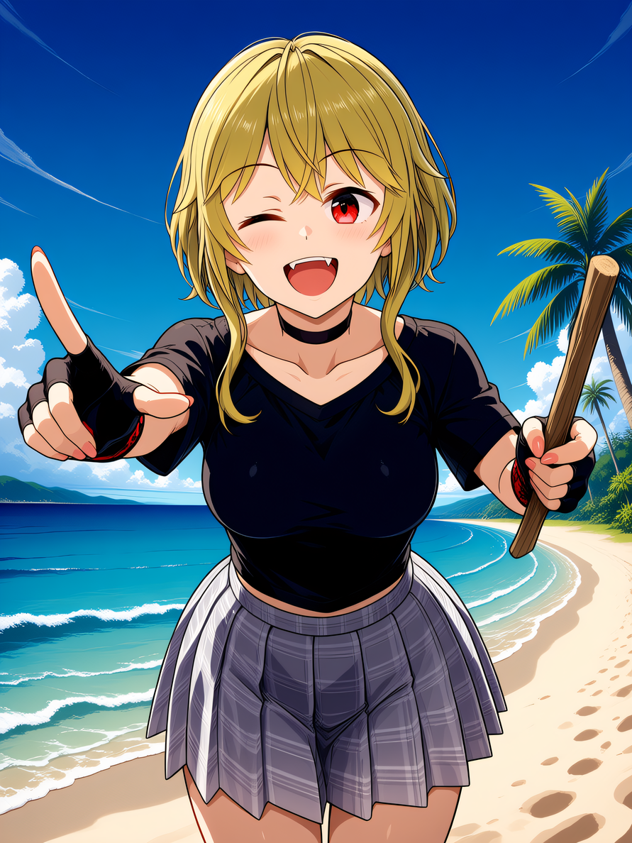masterpiece, best quality, very aesthetic, absurdres, medium shot from below at ak1r4 standing on beach sand. ak1r4 : Has short messy blonde hair with flipped ends and wispy bangs, red eyes, small fangs, medium breasts in B-cup, slender body. Wear black t-shirt slightly exposing midriff, gray checkered pleated skirt, plain black choker, black fingerless gloves with red pattern. She is standing over viewer, leaning forward slightly, pointing at viewer with one hands, other hand holding wood stick, grinning wide, mouth open, energetic cheerful expression, one eye winking.. Background: Tropical beach, palm trees, crystal blue ocean water, morning sunlight, clear sky, sand.
