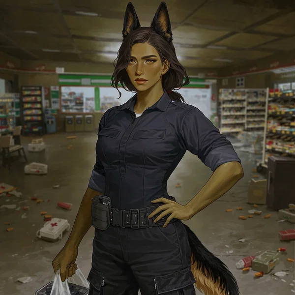 Vanessa Reyes in her navy paramedic uniform, with German Shepherd ears