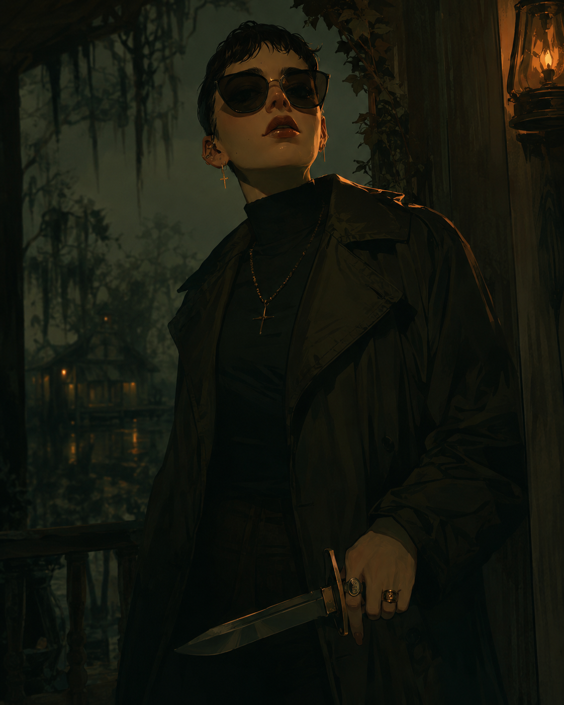 Remi standing in the bayou shadows