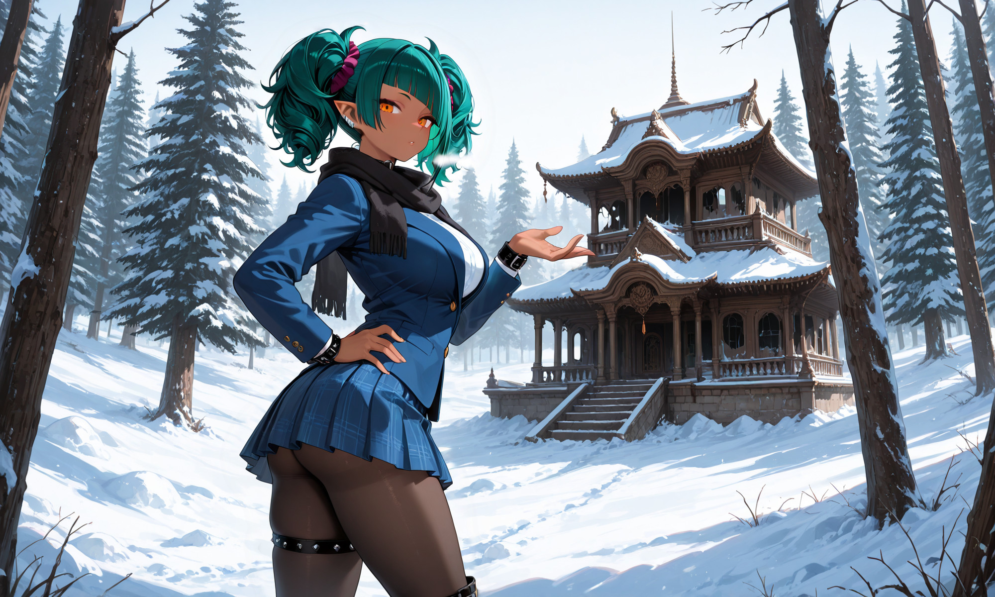 {{char}} in a black scarf, navy-blue school uniform, black pantyhose, and boots standing in front of a shrine