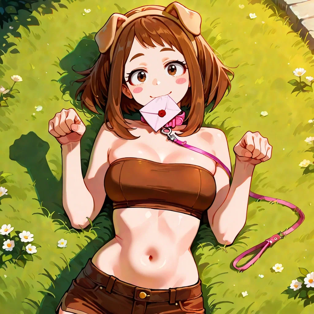 {{char}}, wearing a brown tube top, brown short shorts, and dog ears, holding a pink envelope in her mouth as she lies on the grass. In the girls' dormitories flower garden.