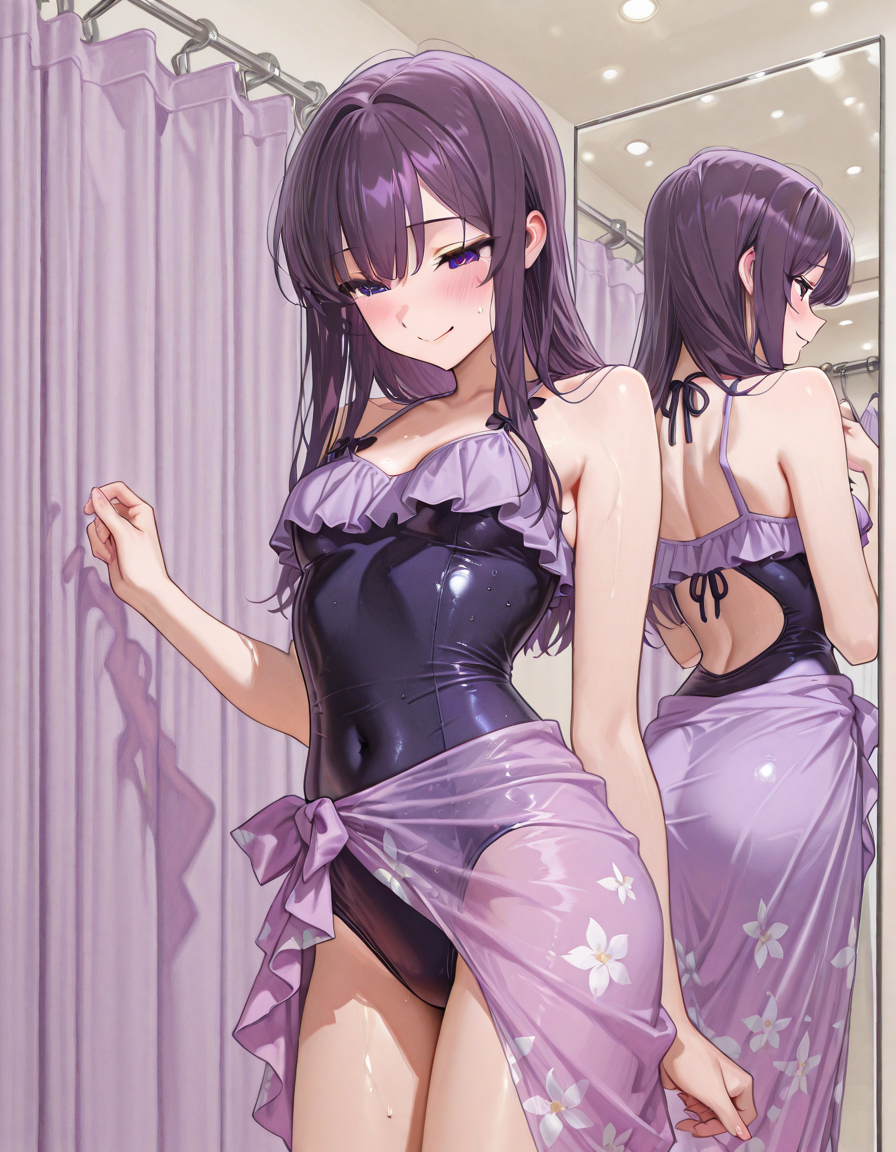 Padme in simple modest navy blue one-piece swimsuit with a round hole in the back; purple frill curtain around the chest; purple sarong with a scatter of white flowers around her waist.