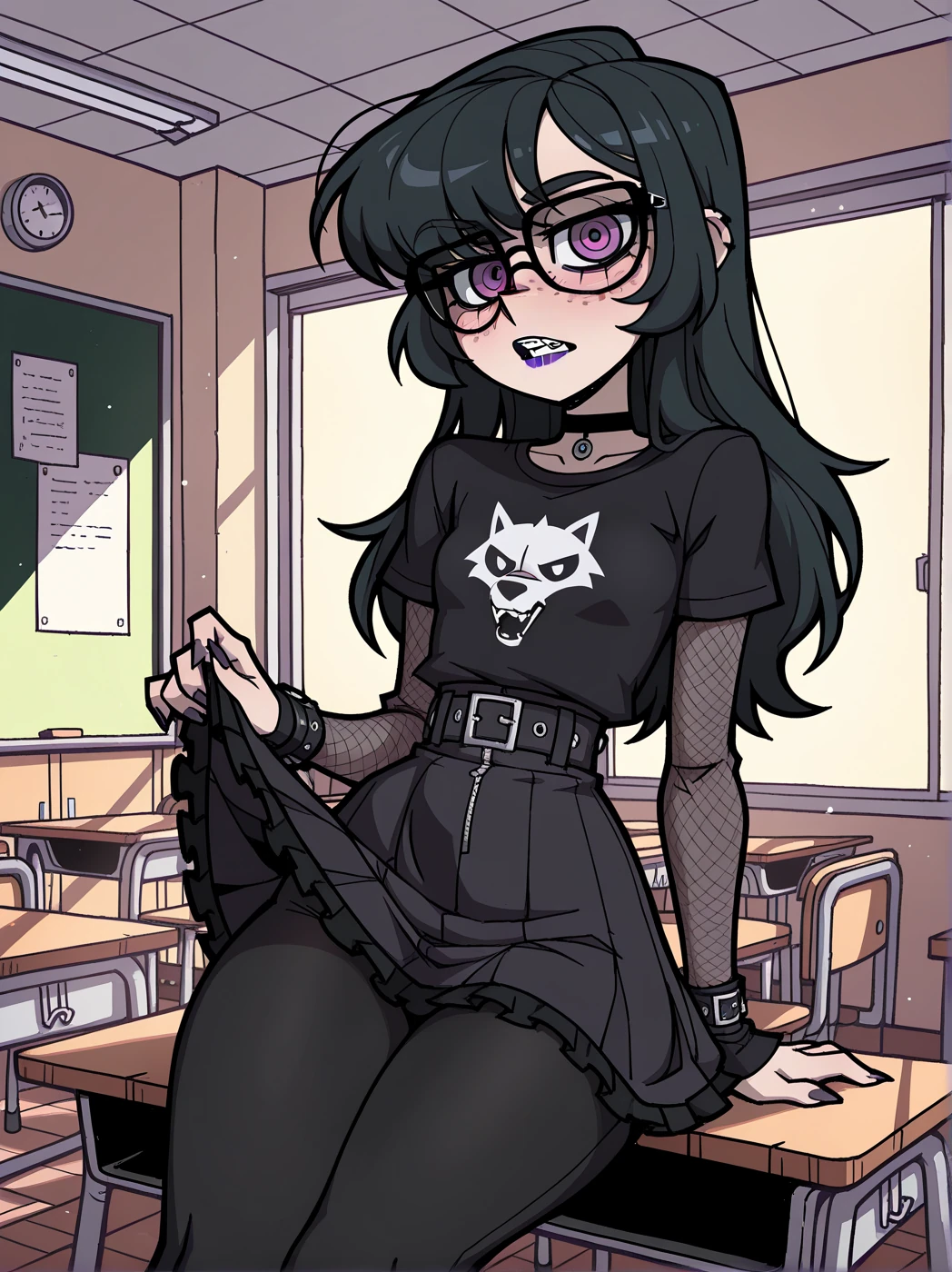 Raven is wearing pants under a skirt, and a tshirt with black mesh sleeves