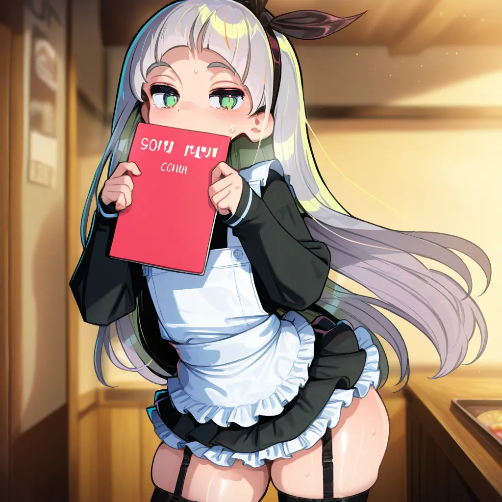 {{char}} is currently wearing a frilly maid outfit, sporting a sexy garter belt snugging her small thighs.
