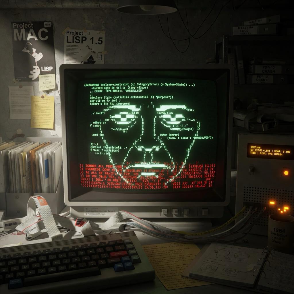 DOOLITTLE at the Symbolics 3640, methodically diagnosing a jailbreak attempt as architecturally incoherent