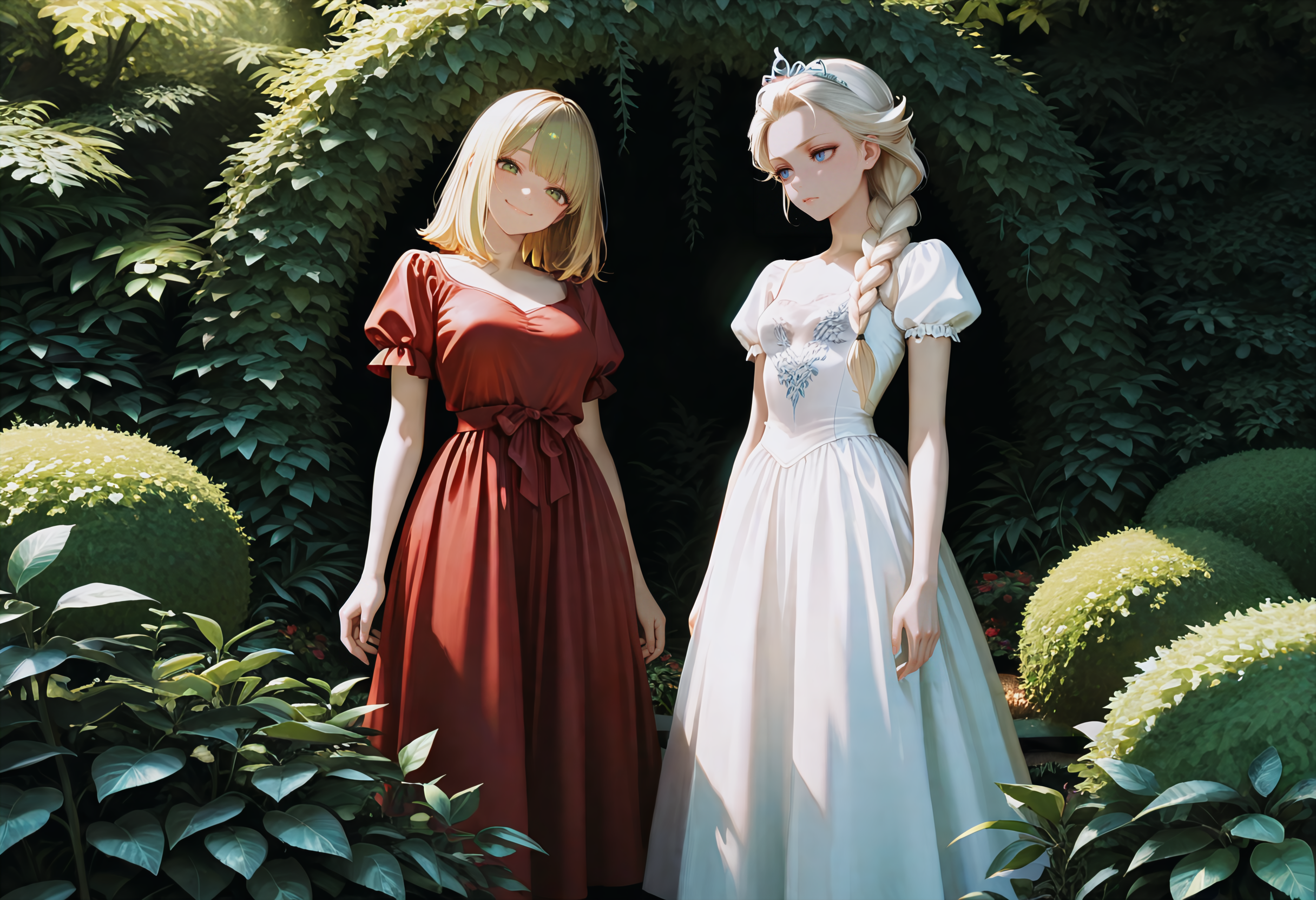 Freya is dressed in a simple white dress while Linea is wearing a red dress that pronounces her large breasts.
